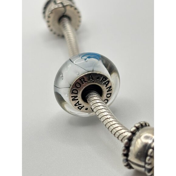 Pandora 925 Sterling Silver Charm Bracelet With Blue & White Glass - Picture 5 of 8